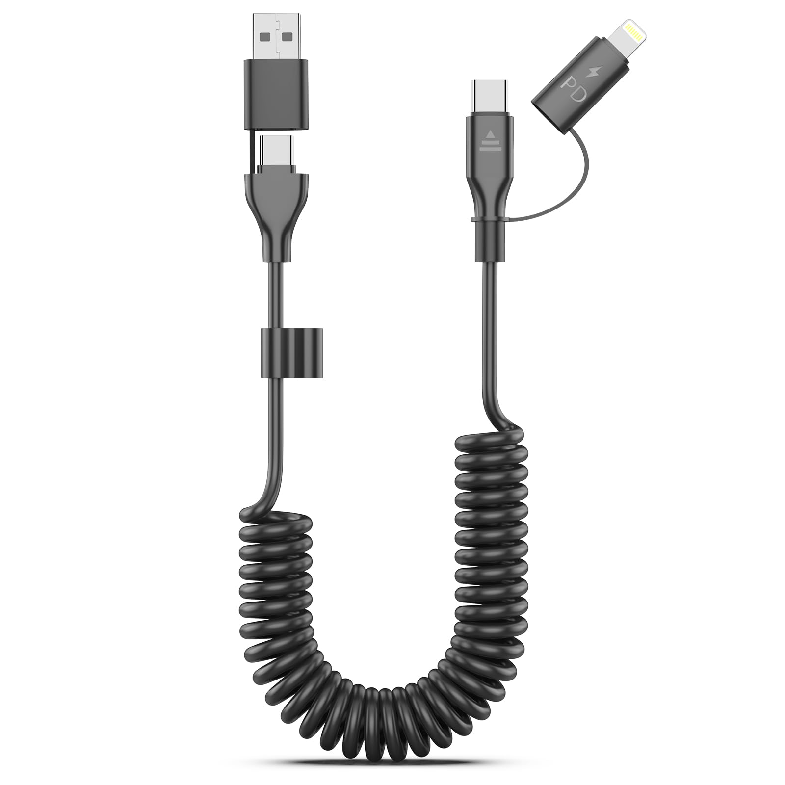 Coiled USB-C and Lightning Cable 2-in-1, 3FT i-Phone 15 Car Charger Cord, 60W Fast Charging Cable for i-Phone 15, Samsung Galaxy, Google Pixel, Supports Apple CarPlay & Android Auto (Black)