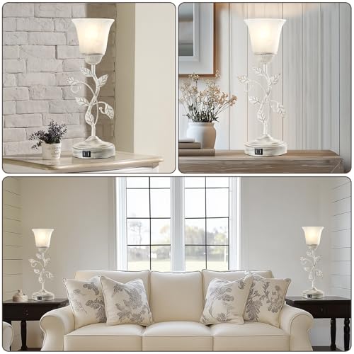 RORIANO Set of 2 Rustic Touch Table Lamps for Bedroom, 3-Way Dimmable Nightstand Flower Lamp with 2 USB Ports, Retro White Glass Shade Leaf Lamp for Living Room Entryway, 2 LED Bulb Included