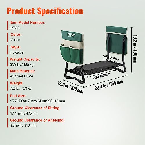 VEVOR Folding Garden Kneeler and Seat Heavy Duty, Widened 8" EVA Foam Pad, Portable Garden Stool with Tool Bags, Gardening Bench to Relieve Knee & Back Pain, Great Gifts for Seniors, Women, Parents