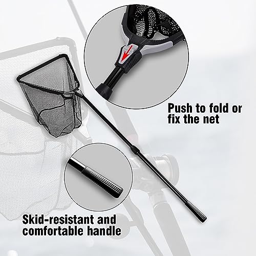 Fiblink Folding Aluminum Fishing Landing Net Fish Net with Extending Telescoping Pole Handle(Extend Length: 44-60 inches-with Larger net)