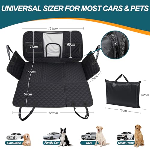 HEELE Back Seat Extender for Dogs, Hard Bottom Car Seat Cover with Mesh Window and Pocket for Traveling and Camping with Pets, Dog Hammock for Car Waterproof and Nonslip, Suitable for Car SUV