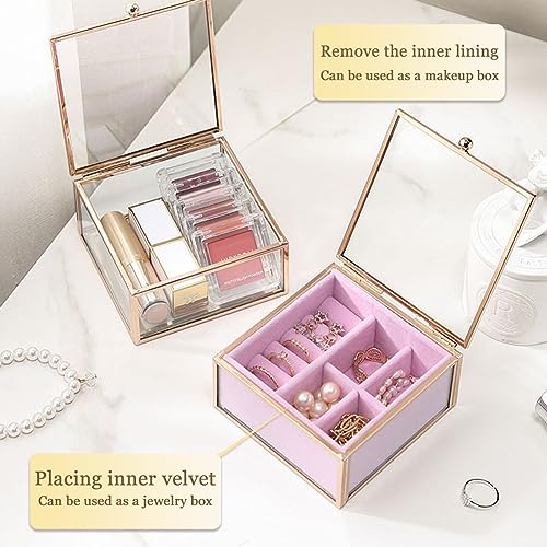 Veki Travel Jewelry Organizer Box, Clear Glass Jewelry Case with Gold Frame for Women Girls, Transparent Display Boxes with Removable Compartment for Earring, Ring, Necklaces, Bracelets (Square)