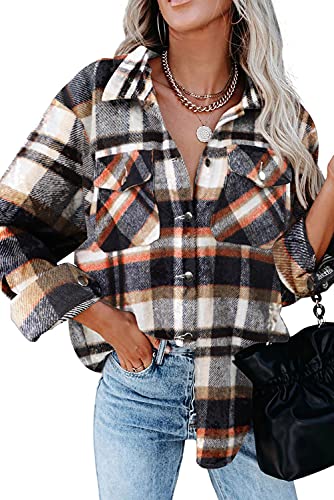 Magritta Womens Thick Shirt with Bust Pockets Cozy V Neck Collared Cuffed Button Down Long Sleeve Shacket Jacket Plus Size Coat Blouse Geometry Orange Medium