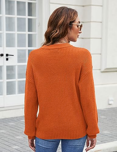 Naggoo Women's Crew Neck Long Lantern Sleeve Casual Chunky Knit Pullover Sweaters Tops Dark Blue XL