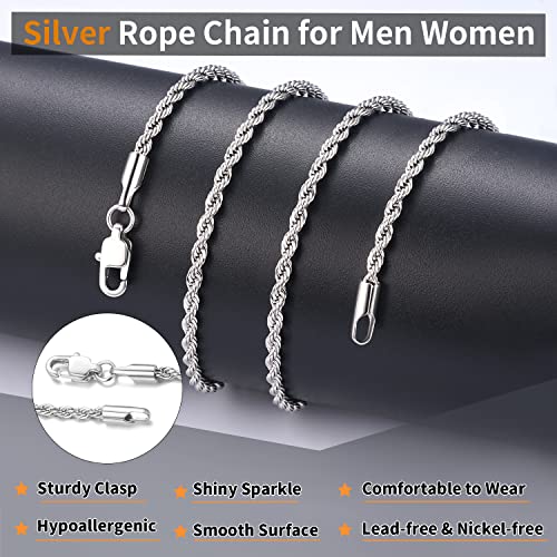 ONLVULF 925 Sterling Silver Chain for Men Women, 2.5MM Rope Chain Durable & Anti-Tarnish & Sturdy Men's Chain Necklaces, 16 Inch