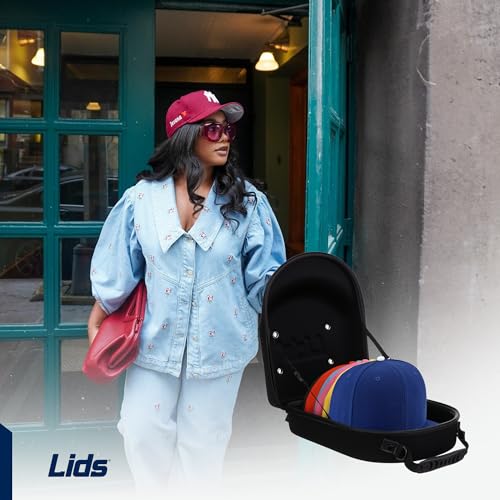Lids Hat Travel Case – Baseball Cap Carrier for 6 Hats, Durable Black Exterior & Interior, Storage with Handle & Adjustable Shoulder Strap, Hard Hat Organizer for Travel & Closet