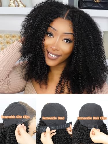 Domiso Glueless10x7 M-Cap Max Part HD Lace Pre Cut Afro Kinky Curly Wig Human Hair Knots Bleached Glueless Wigs Human Hair Pre Plucked Pre Cut Lace Wig Glueless Wigs Big Fluffy Curl 16 Inch