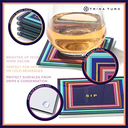 Trina Turk Glass Drink Coasters, Set of 4 Absorbent Beverage Coasters with Elevated Rim & Fun Phrases, Use for Tabletop Protection, Pillar Candle Holder or Small Planter Plate, 4x4” Square