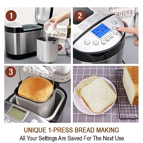 KITCHENARM 29-in-1 SMART Bread Machine with Gluten Free Setting 2LB 1.5LB 1LB Bread Maker Machine with Homemade Cycle - Stainless Steel Breadmaker with Recipes Whole Wheat Bread Making Machine