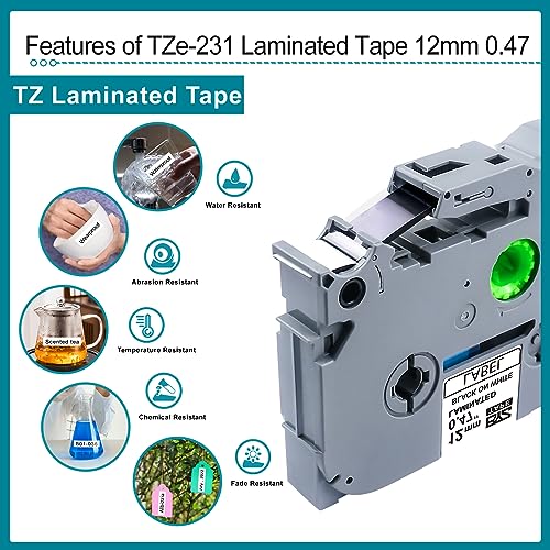 BOYEEZON 2Pack TZ Tape 12mm 0.47 Laminated White Tape Compatible for Brother P Touch TZe-231 TZe231 Label Maker Tape for Brother PTouch PTH110 PTD210 PTD220 PTD600, 26.2Ft(8m)