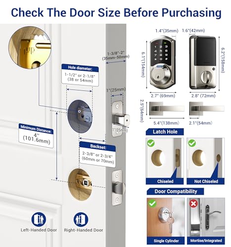 Veise Fingerprint Smart Locks for Front Door with 2 Lever Handle Set, App Control, Keyless Entry, Electronic Digital Keypad Deadbolt, Auto Lock, Waterproof, Easy to Install, Satin Nickel