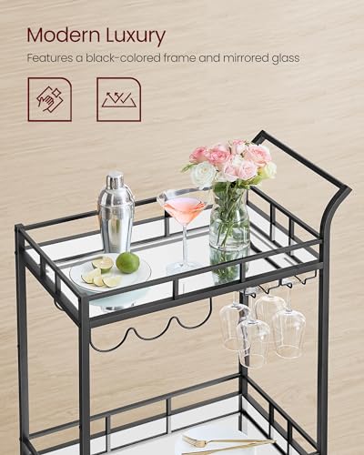 VASAGLE Bar Cart Black, Home Bar Serving Cart, Wine Cart with 2 Mirrored Shelves, Wine Holders, Glass Holders, for Kitchen, Dining Room, Black ULRC092B62