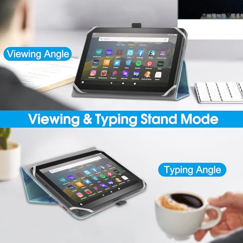 HoYiXi Universal Case for 7-8 inch Tablet Fire HD 8/Fire HD 8 Plus with Stand Folio and Hand Strap Protective Cover for 7"-8" Samsung Android Tablet -Dali Blue