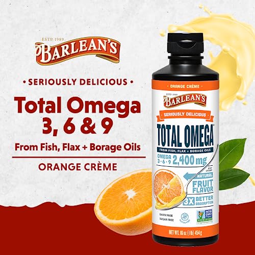 Barlean's Total Omega 3 Fish Oil Liquid Supplement, Orange Crème Flavored with Borage Oil and Flaxseed Oil, 2,400 mg of Omegas 3 6 9 EPA and DHA Plus GLA, 16 oz