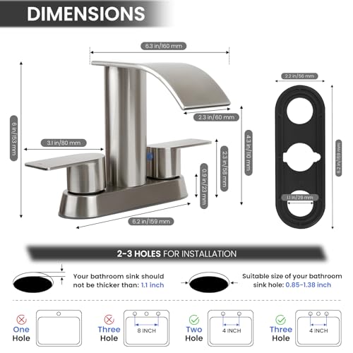 M OUDEMEI Two Handles Waterfall Bathroom Faucet, 4 Inch Centerset Sink Faucet, 2 or 3 Holes Bathroom Sink Faucet, Stainless Steel Lavatory Vanity Faucet with Pop Up Drain (Brushed Gold)