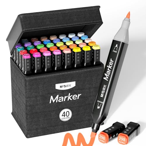 M&G Alcohol Based Marker with Case，40 Colors Dual Art Markers Set for Artist Adults Coloring Sketching Drawing Alcohol Based Ink Dual Tips Drawing Painting Art Supplies, Gift for Artists