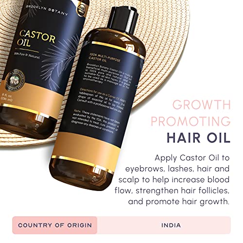 Brooklyn Botany Organic Castor Oil in Plastic Bottle for Hair Growth, Eyelashes & Eyebrows - 100% Pure and Natural Carrier Oil, Hair & Body Oil - Moisturizing Massage Oil for Aromatherapy - 8 Fl Oz
