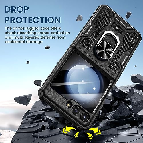 VEGO for Galaxy Z Flip 5 Case with Stand, 360°Ring Magnetic Ring Kickstand & Belt Clip Holster & Camera Screen Protector & Hinge Protection, Shockproof Case for Samsung Flip 5 5G - Black