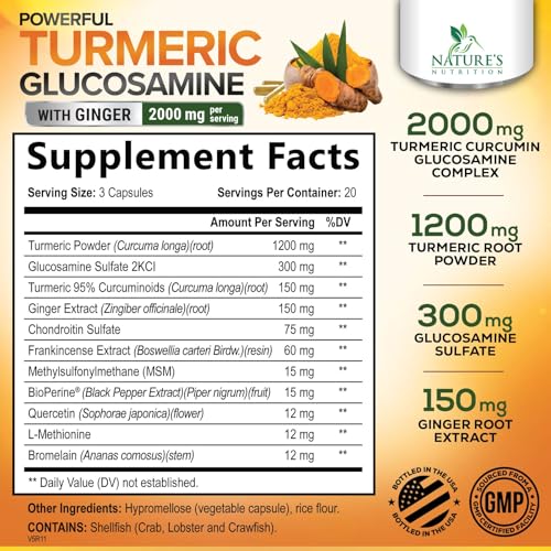 Turmeric Curcumin Supplement 2000mg with Glucosamine Chondroitin & Ginger, 95% Curcuminoids, BioPerine Black Pepper for Best Absorption, Nature's Joint Support, Non-GMO, Bottled in USA - 60 Capsules