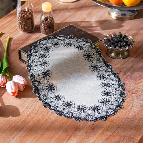 ARTBLOSS Placemats, Lace Place Mats Macrame Oval Embroidered Farmhouse Fabric Rustic Decorative Placemat 12 x 18 Inch Doilies for Kitchen Dining Wedding Fall Outdoor Indoor (Black, 2 Packs)