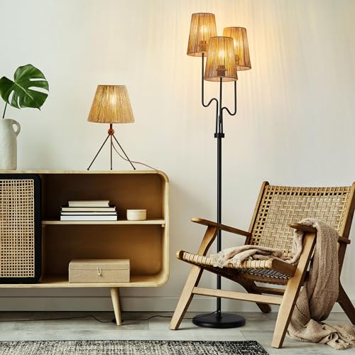 Rattan Floor Lamp, 68in. Boho Floor Lamps with Natural Shade, 3-Light Tree Lamp for Coastal, Beach or Bohemian Style Decor, E26 Socket, On/Off Footswitch Lamp for Living room, Bedroom (Bohemian-Black)