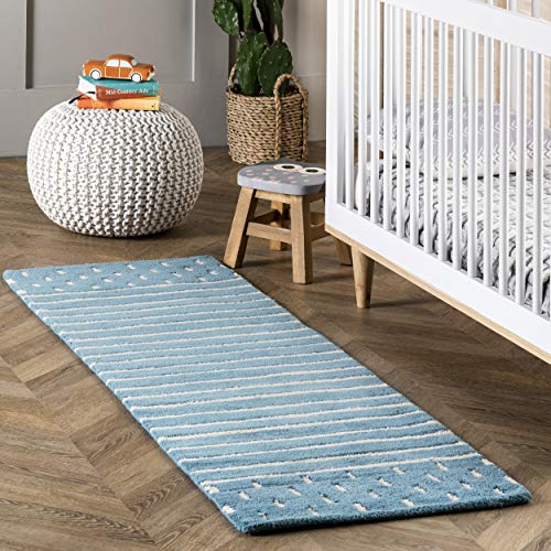 Arvin Olano Mandia Striped Wool Runner Rug, 2' x 6', Baby Blue