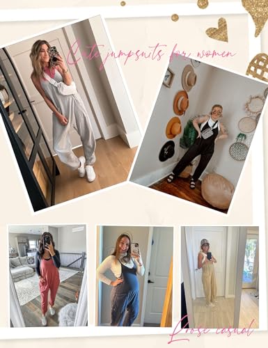 SWOMOG Women's Causal Jumpsuits V Neck Sleeveless Harem Overalls Stretchy Adjustable Strap Romper with Pockets Khaki Small