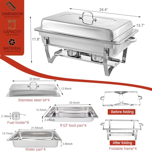 Chafing Dishes for Buffet 4 Pack 9 Quart Stainless Steel Chafer Buffet Servers and Warmers Set with Folding Frame for Weddings Parties Banquets Catering Events