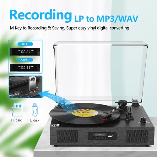 Record Player Bluetooth 3-Speed Vinyl Record Player with Stereo Speakers, USB Recording, RCA Line-Out, AUX-in, Retro Phonograph Turntable for Vinyl Records, Black