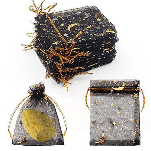 SUMAJU 100 Pieces Moon Star Organza Jewelry Candy Bags, 2.7x3.5 Inch Sheer Black Organza Pouch Small Gift Bags with Drawstring for Wedding Party Favors