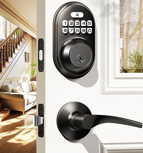 Veise Keyless Entry Door Lock with 2 Lever Handles - Electronic Keypad Deadbolt, Auto Lock, Back Lit & Easy Installation Design, Front Door Handle Sets, Matte Black