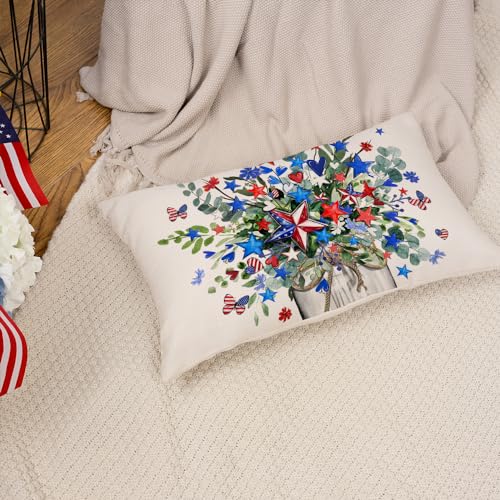 AACORS 4th of July Pillow Covers 12x20 Inch Stars Floral Vase Butterfly Decor Patriotic America USA Holiday Pillow Case Independence Memorial Day Decorations for Home Sofa Couch AA532-12