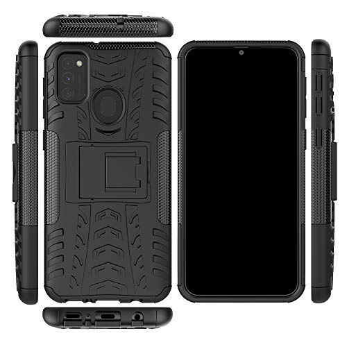 Phone Case for Samsung Galaxy M30s M21 with Tempered Glass Screen Protector Cover and Stand Kickstand Hard Rugged Hybrid Protective Cell Accessories Glaxay M 30s Gaxaly 21M Cases Boys Women Men Black