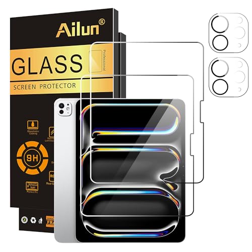 Ailun Screen Protector for iPad Pro 11 inch 2024 5th Generation 2 Pack + 2 Pack Camera Lens Protector,Tempered Glass 0.33mm,Face ID & Apple Pencil & Case Compatible [4 Pack]