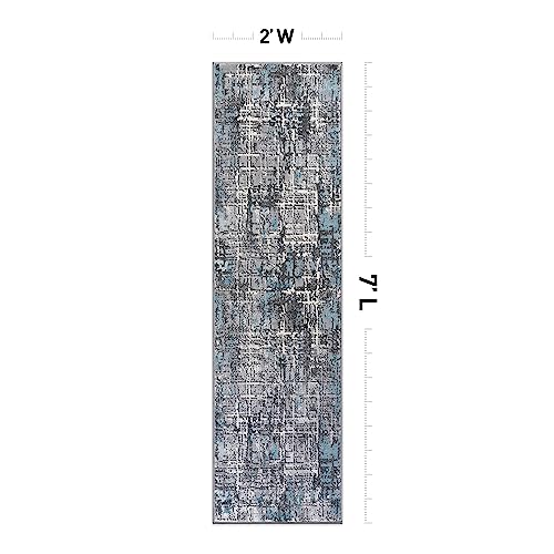 Rugshop Distressed Abstract Stain Resistant Soft Runner Rug 2' x 7' Blue