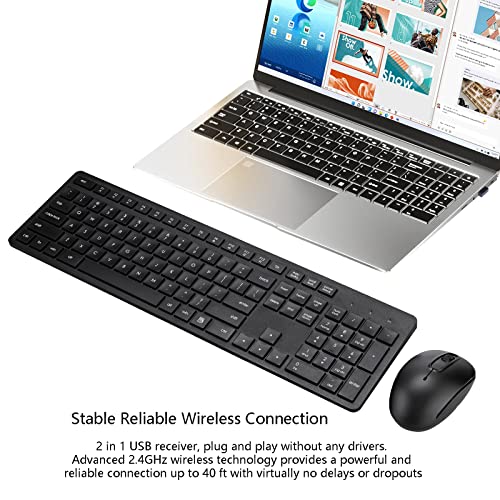 Wireless Keyboard and Mouse Combo, 2.4G Silent Cordless Keyboard Mouse Combo for Windows Chrome Laptop Computer PC Desktop, 106 Keys Full Size with Number Pad, 1600 DPI Optical Mouse (Black)