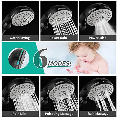 DOILIESE High Pressure 6 Setting Shower Head with Handheld, Shower Heads with ON/OFF Switch and Spa Spray - Matte Black