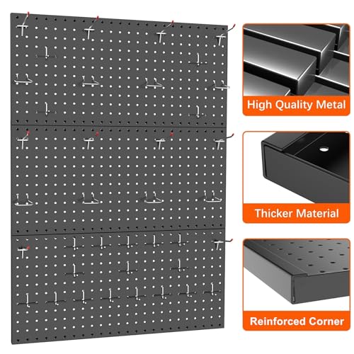 TORACK 3Pcs Metal Pegboard Panels for Wall Garage Utility Tools Pegboard Storage System for Workbench, Shop, Shed Modular Peg Board Organizer Board Kit(Pack of 3, Black)