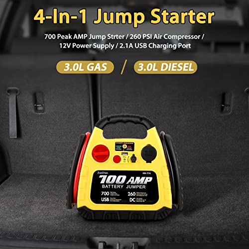 ZunDian Jump Starter with Air Compressor 260PSI, 1000A Portable Car Jump Starter, 4-in-1 Battery Booster Pack for Vehicles(3L Gas/Diesel), Safety Jumper Cable with USB/DC Port