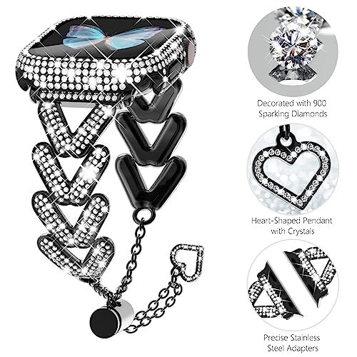 WINGLE for Apple Watch Band with Case 38mm Women Series 3 2 1, Luxury Diamond Sparkle Rhinestone Crystal Designer Dressy Chain Bracelet Metal Band with Bling Screen Protector Case, 38 mm Black
