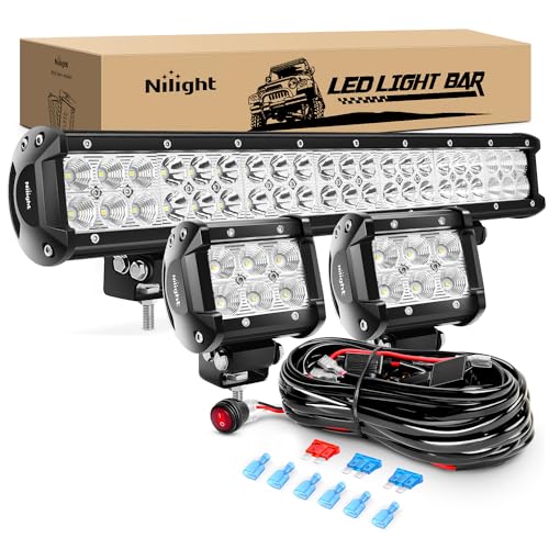 Nilight - ZH001 20Inch 126W Spot Flood Combo Led Off Road Led Light Bar 2PCS 18w 4Inch Flood LED Pods With 16AWG Wiring Harness Kit-2 Lead, 2 Years Warranty