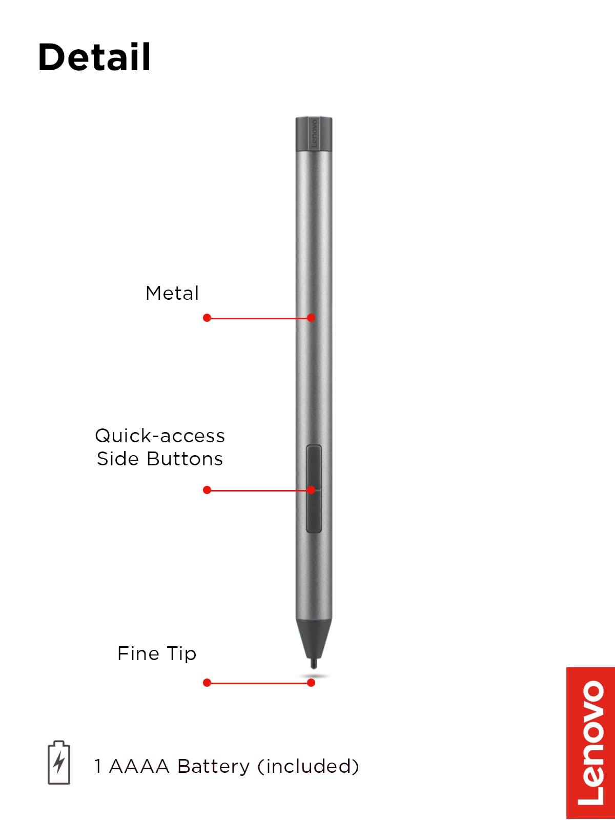 Lenovo Digital Pen 2 (Laptop) - Ultra-Tactile Response - 4,096 Levels of Pressure - Natural Feel Elastometer Pen Tip - Extended Battery Life - Silver, Grey