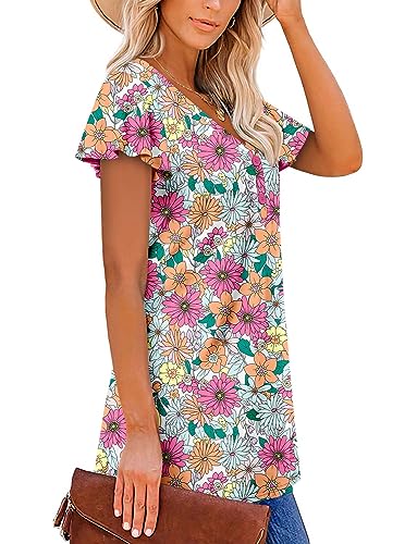 Womens Ruffle Short Sleeve Tunic Tops V Neck Loose Fit Flowy Color Bar Summer Tops M