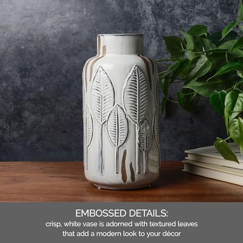 Mikasa Embossed Leaves White and Beige Ceramic Vase, 5.31x5.31x10.63 Inch