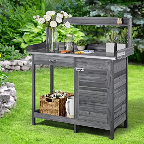 Yaheetech Outdoor Potting Bench Table, Garden Workstation w/Metal Tabletop/Cabinet Drawer/Open Top/Lower Shelf/Handy Hooks for Horticulture,Gray