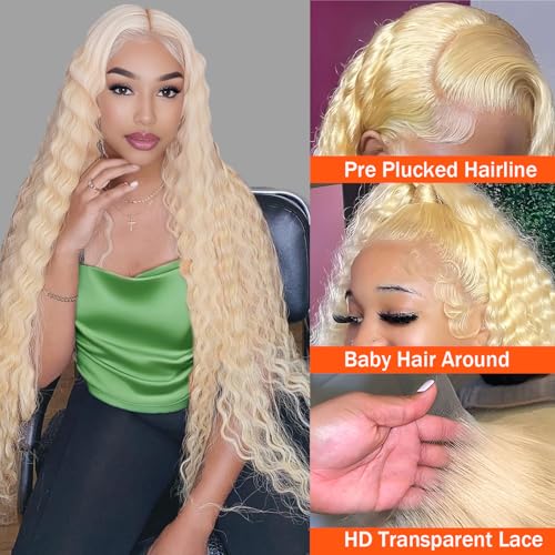 613 Lace Front Wig Human Hair Deep Wave 18 Inch Blonde Wig Human Hair 16A 13x4 HD Blonde 613 Deep Wave Lace Front Wigs Curly Glueless Wig Pre Plucked 180% Density Blonde Frontal Wig Deep Wave 613 Wig