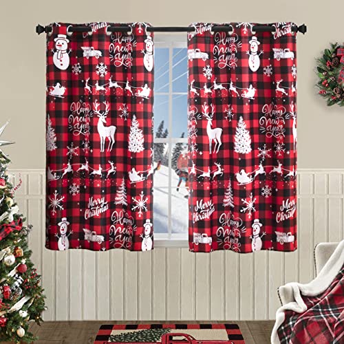 PANELSBURG Christmas Kitchen Window Curtains Over Sink,Red 45 Inch Length Cute Buffalo Plaid Cafe Blackout Short Curtains for Small Bathroom Window Living Room,Cortinas de Navidad Cocina para Sala