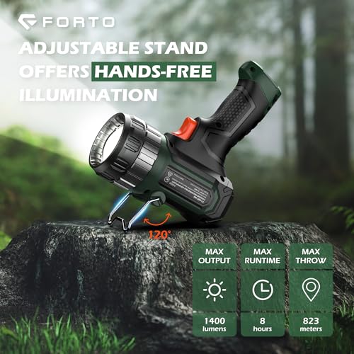 FORTO Compact Rechargeable Spotlight with Adjustable Focus, Handheld Spotlight with Stand, 823m Range, 3 Light Modes and LED Spot Lights Outdoor for Boating Hunting Camping Hiking，1400 Lumens