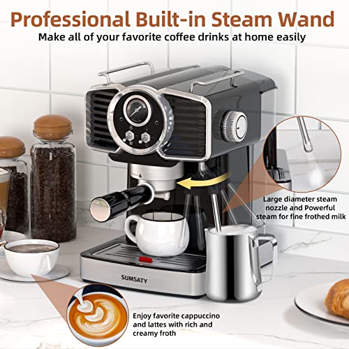 SUMSATY Espresso Machine 20 Bar, Professional Espresso Maker with Milk Frother Steamer Wand, Espresso Coffee Machine Black, Cappuccino & Latte Machine for Home, Retro, 1.8L Removable Water Tank