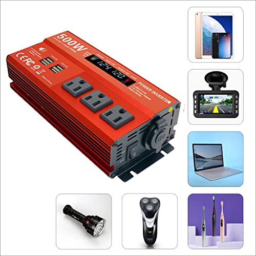 MOVFFGGRM 500W Power Inverter for Vehicles,DC 12V to 110V AC,4 x 2.4A USB Ports car Plug in Adapter Outlet with 1 Cigarette Lighter Ports car Power Inverter